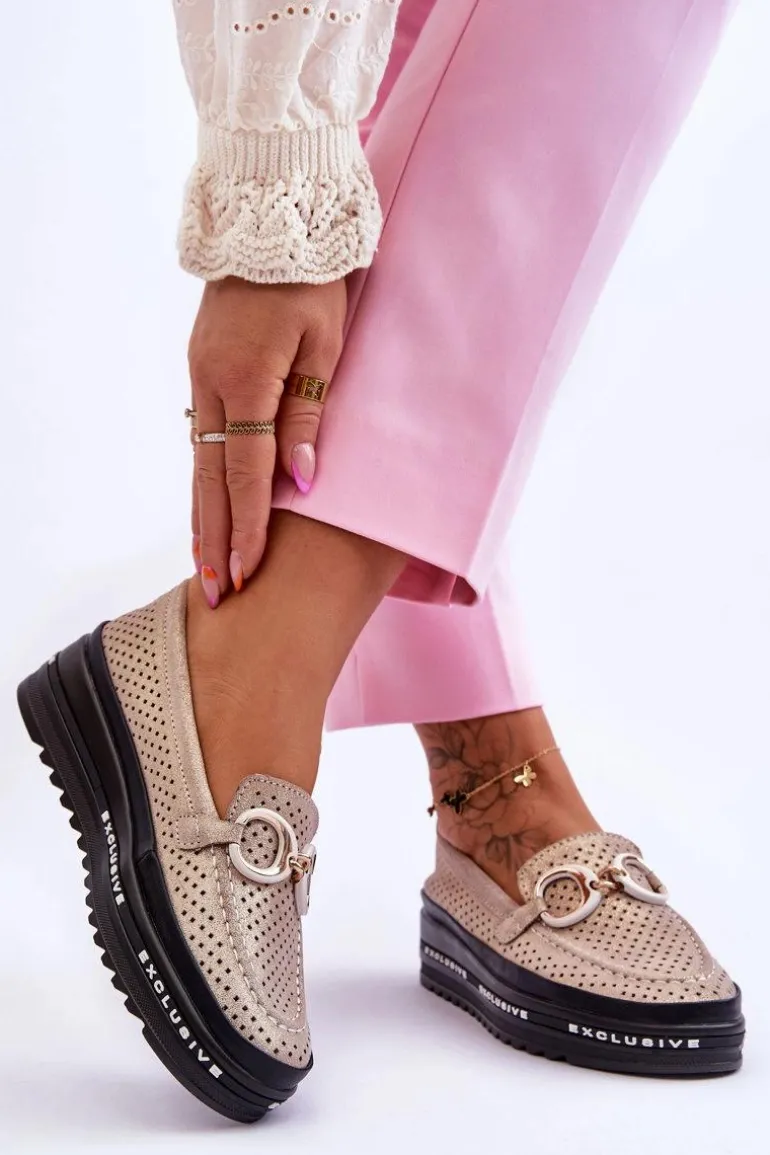 Klasyczne Skórzane Ażurowe Mokasyny Z Ozdobą Złote Rendy