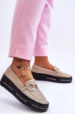 Klasyczne Skórzane Ażurowe Mokasyny Z Ozdobą Złote Rendy