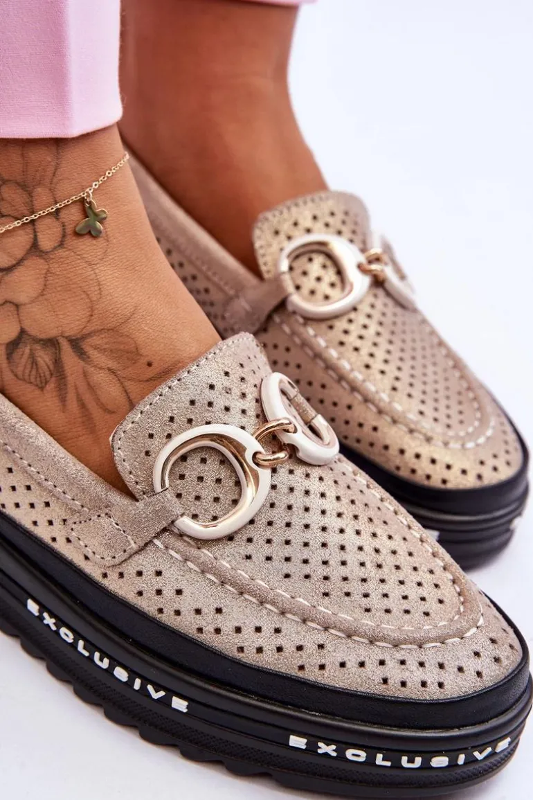 Klasyczne Skórzane Ażurowe Mokasyny Z Ozdobą Złote Rendy