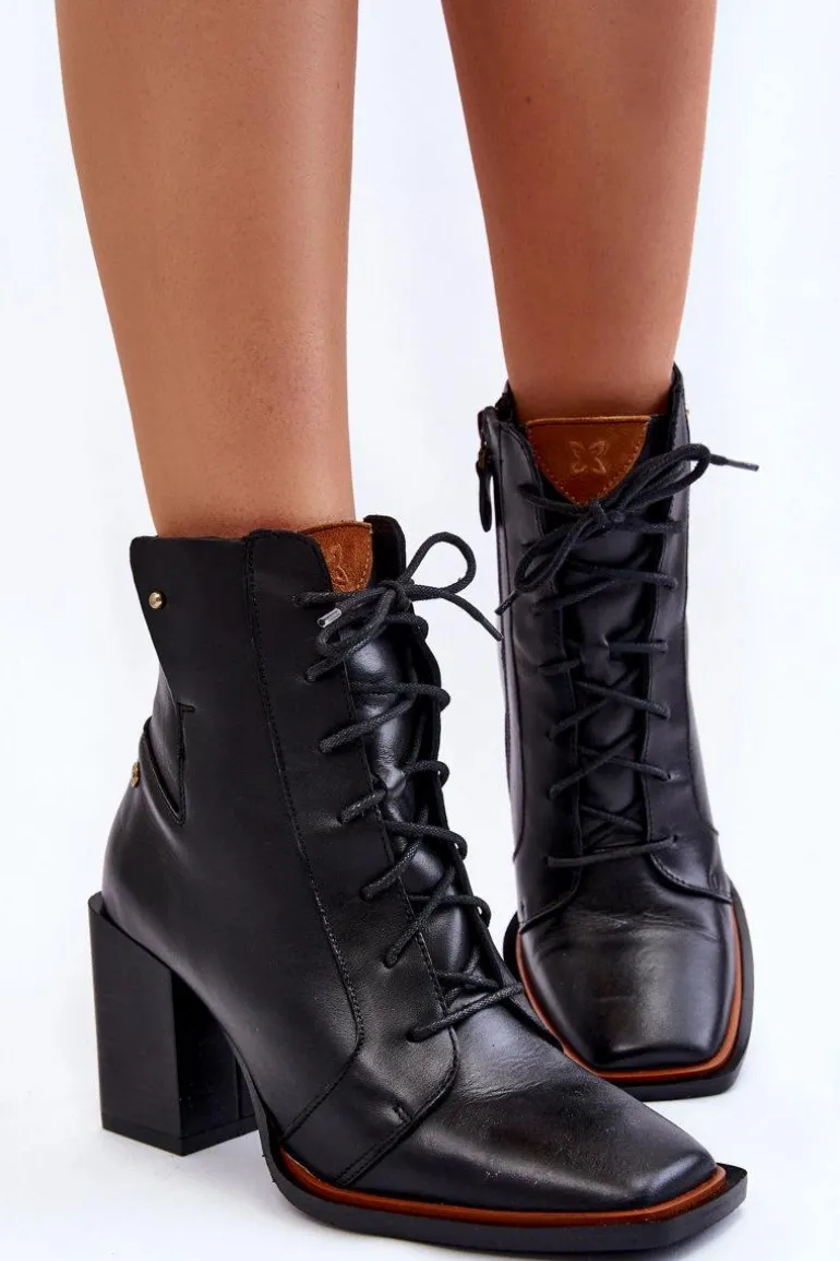 Klasyczne Skórzane Botki Sznurowane Maciejka 05667-01 Czarne