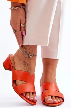 Klasyczne Skórzane Klapki Na Niskim Obcasie Pomarańczowe Miley