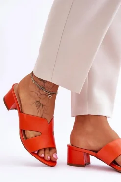Klasyczne Skórzane Klapki Na Niskim Obcasie Pomarańczowe Miley