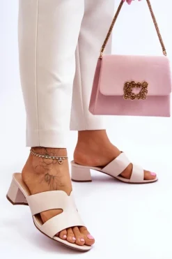 Klasyczne Skórzane Klapki Na Niskim Obcasie Beżowe Miley