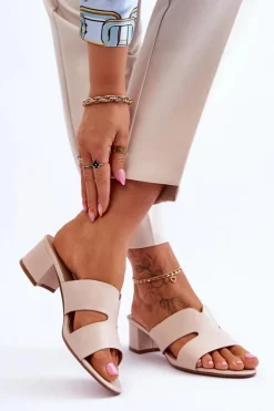 Klasyczne Skórzane Klapki Na Niskim Obcasie Beżowe Miley