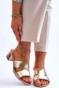 Klasyczne Skórzane Klapki Na Niskim Obcasie Złote Miley