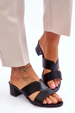 Klasyczne Skórzane Klapki Na Niskim Obcasie Czarne Miley