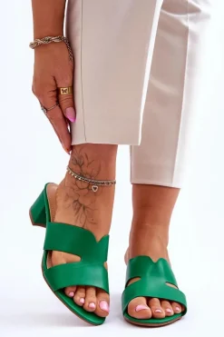 Klasyczne Skórzane Klapki Na Niskim Obcasie Zielone Miley