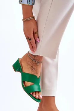 Klasyczne Skórzane Klapki Na Niskim Obcasie Zielone Miley