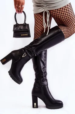 Klasyczne Skórzane Kozaki Na Słupku Czarne Kornelli