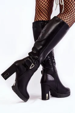 Klasyczne Skórzane Kozaki Na Słupku Czarne Kornelli