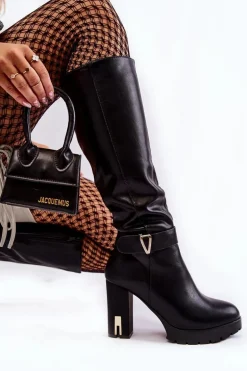 Klasyczne Skórzane Kozaki Na Słupku Czarne Kornelli