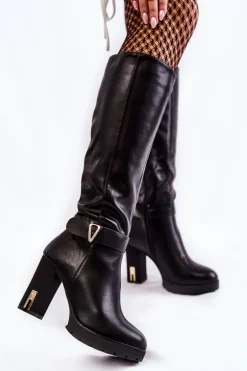 Klasyczne Skórzane Kozaki Na Słupku Czarne Kornelli