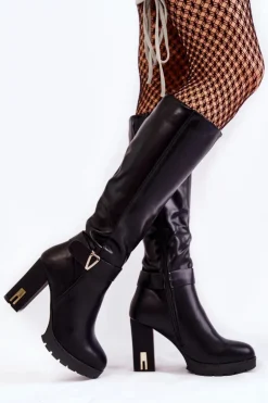 Klasyczne Skórzane Kozaki Na Słupku Czarne Kornelli
