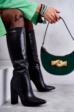 Klasyczne Skórzane Kozaki Na Obcasie Czarne Tressa