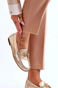 Klasyczne Skórzane Mokasyny Z Ozdobą Laura Messi 2459 Złote