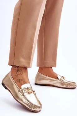 Klasyczne Skórzane Mokasyny Z Ozdobą Laura Messi 2459 Złote
