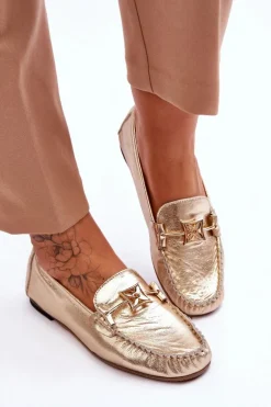 Klasyczne Skórzane Mokasyny Z Ozdobą Laura Messi 2459 Złote