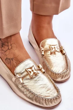 Klasyczne Skórzane Mokasyny Z Ozdobą Laura Messi 2459 Złote