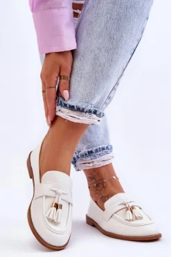 Klasyczne Skórzane Mokasyny Z Frędzlami Białe Camis