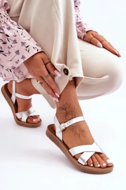 Klasyczne Skórzane Sandały Damskie Srebrne Talisma