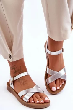 Klasyczne Skórzane Sandały Damskie Srebrne Talisma