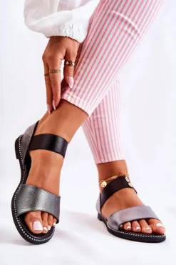 Klasyczne Skórzane Sandały Z Ćwiekami Ciemnosrebrne Shelly