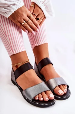 Klasyczne Skórzane Sandały Z Ćwiekami Ciemnosrebrne Shelly