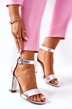 Klasyczne Skórzane Sandały Na Słupku Laura Messi 1760 Srebrne