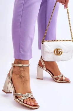 Klasyczne Skórzane Sandały Na Słupku Złote Bernett