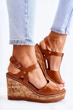 Klasyczne Skórzane Sandały Na Koturnie Brązowe Valorin