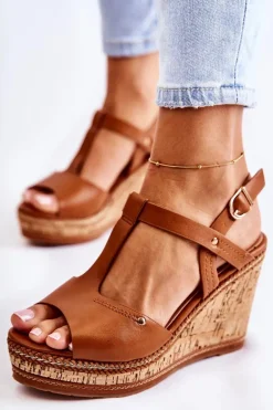 Klasyczne Skórzane Sandały Na Koturnie Brązowe Valorin