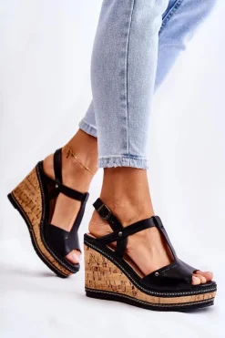 Klasyczne Skórzane Sandały Na Koturnie Czarne Valorin