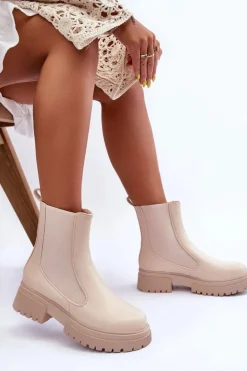 Klasyczne Skórzane Sztyblety Botki Beżowe Isminna