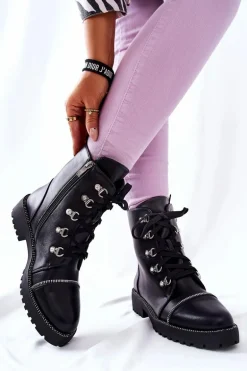 Klasyczne Skórzane Wiązane Botki Czarne Daiane