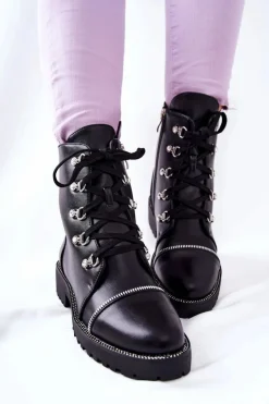 Klasyczne Skórzane Wiązane Botki Czarne Daiane