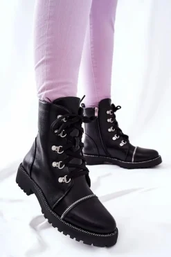 Klasyczne Skórzane Wiązane Botki Czarne Daiane