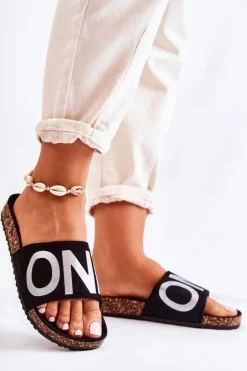 Klasyczne Wsuwane Klapki Z Napisem Czarno-Srebrne Bahari