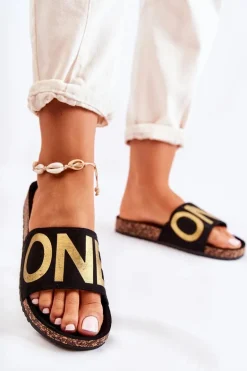 Klasyczne Wsuwane Klapki Z Napisem Czarno-Złote Bahari