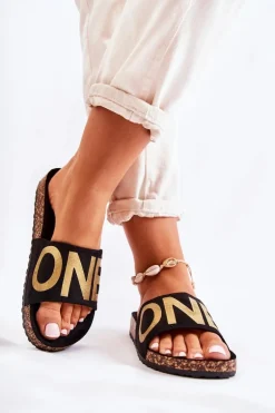 Klasyczne Wsuwane Klapki Z Napisem Czarno-Złote Bahari