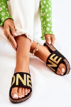 Klasyczne Wsuwane Klapki Z Napisem Czarno-Złote Bahari