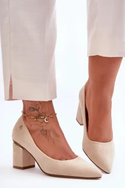 Klasyczne Zamszowe Czółenka Na Obcasie Z Ozdobą Jasnobeżowe Derren