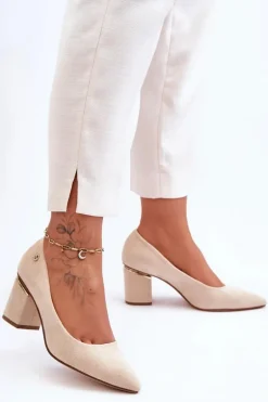 Klasyczne Zamszowe Czółenka Na Obcasie Z Ozdobą Jasnobeżowe Derren