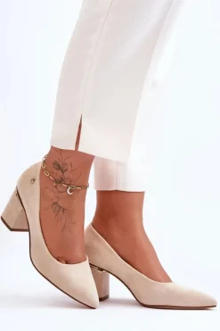 Klasyczne Zamszowe Czółenka Na Obcasie Z Ozdobą Jasnobeżowe Derren