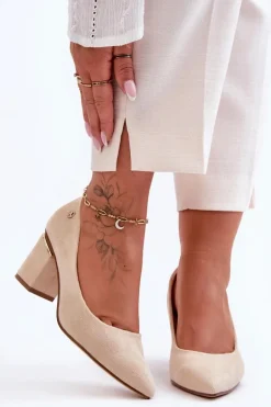 Klasyczne Zamszowe Czółenka Na Obcasie Z Ozdobą Jasnobeżowe Derren