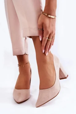 Klasyczne Zamszowe Czółenka Na Słupku Beżowe Kendra