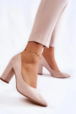 Klasyczne Zamszowe Czółenka Na Słupku Beżowe Kendra