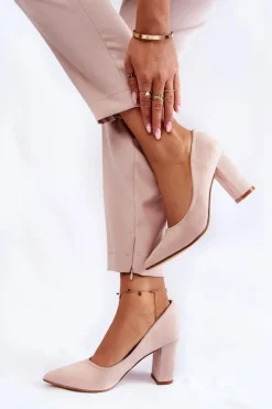 Klasyczne Zamszowe Czółenka Na Słupku Beżowe Kendra