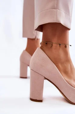 Klasyczne Zamszowe Czółenka Na Słupku Beżowe Kendra