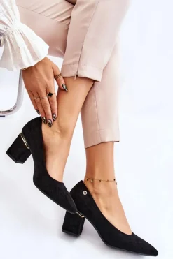 Klasyczne Zamszowe Czółenka Na Obcasie Z Ozdobą Czarne Derren