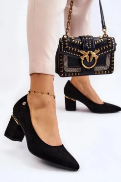 Klasyczne Zamszowe Czółenka Na Obcasie Z Ozdobą Czarne Derren